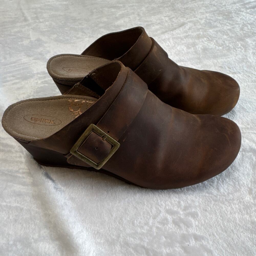 Aetrex Brown Leather Comfort Clog Wedge Shoes Women's US 10.5 Amelia